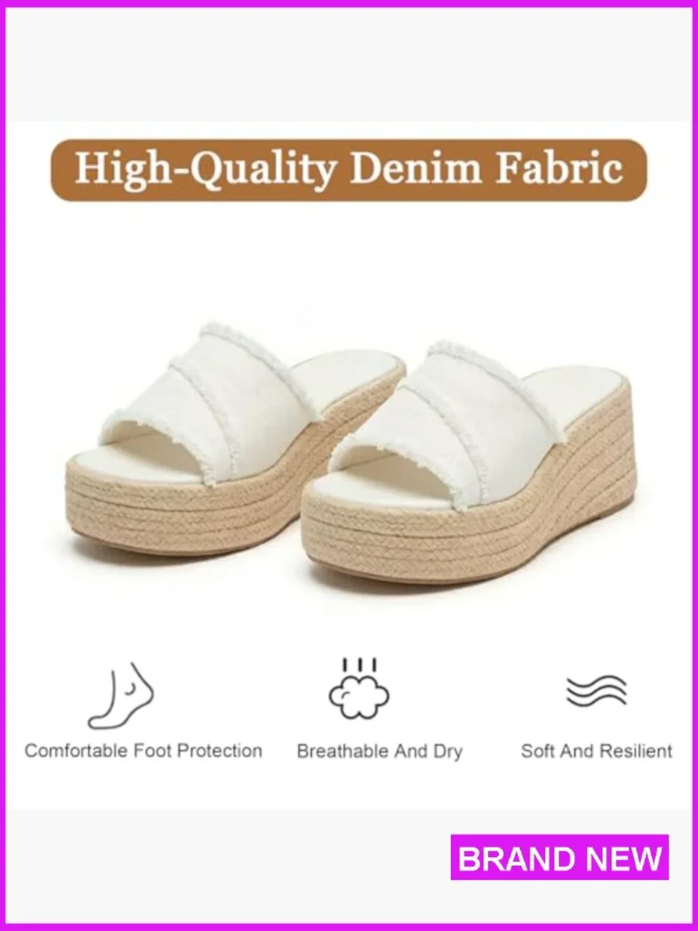 Platform Denim Tassel Wedge Sandals Slip On Comfortable Boho Beach Slides